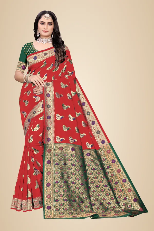 Red_Soft_Silk_Banarasi_Sarees_With_Rich_Pallu_Blouse