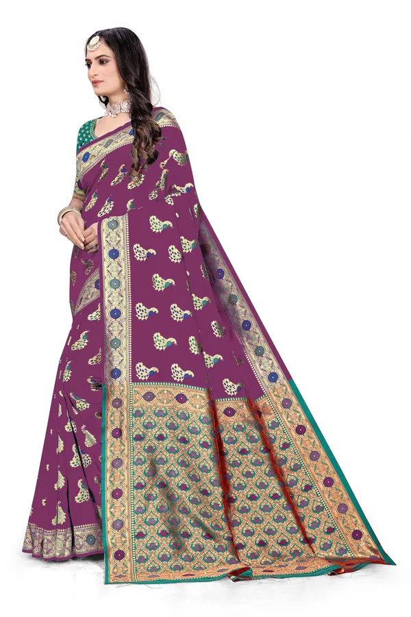 Wine_Soft_Silk_Banarasi_Sarees_With_Rich_Pallu_Blouse