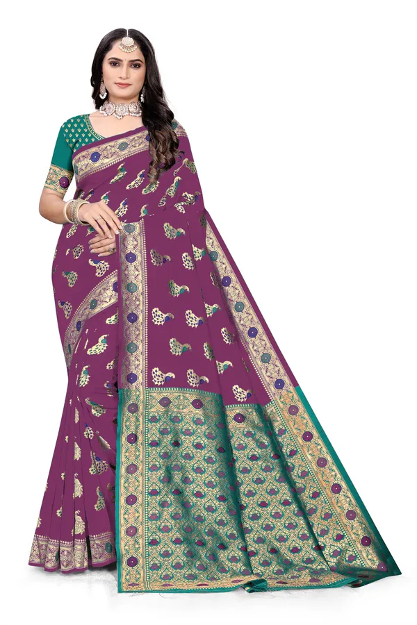 Wine_Soft_Silk_Banarasi_Sarees_With_Rich_Pallu_Blouse