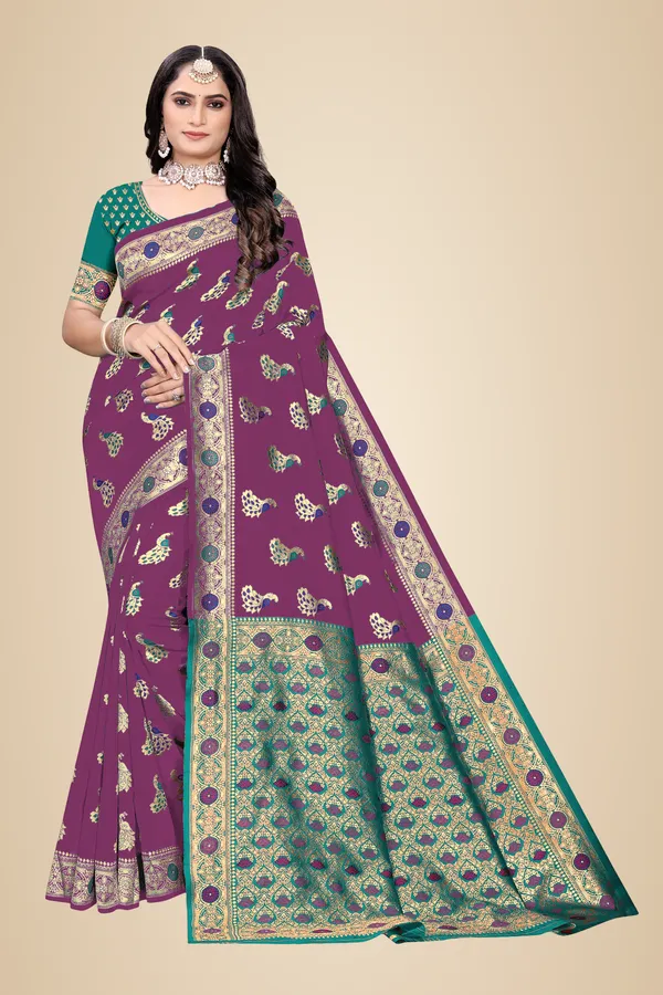 Wine_Soft_Silk_Banarasi_Sarees_With_Rich_Pallu_Blouse