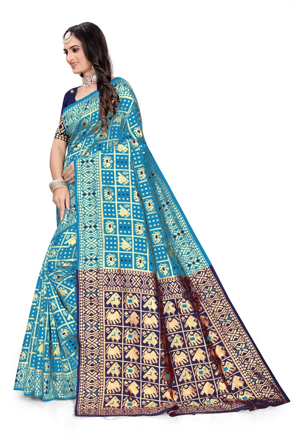 Firozi_Soft_Silk_Banarasi_Sarees_With_Rich_Pallu_Blouse
