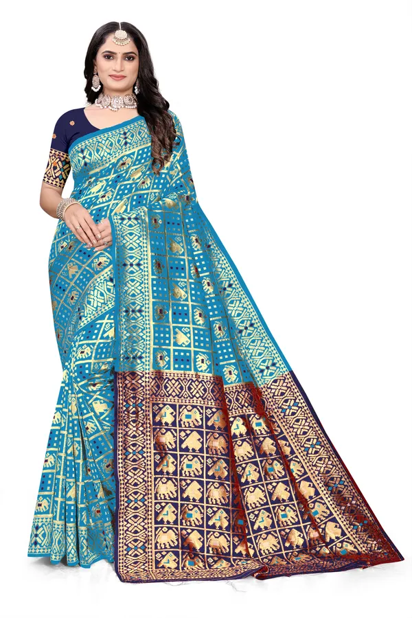 Firozi_Soft_Silk_Banarasi_Sarees_With_Rich_Pallu_Blouse