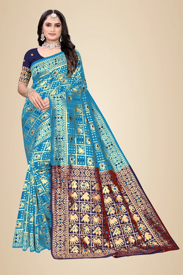 Firozi_Soft_Silk_Banarasi_Sarees_With_Rich_Pallu_Blouse