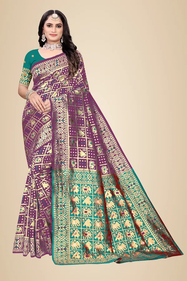 Wine_Soft_Silk_Banarasi_Sarees_With_Rich_Pallu_Blouse