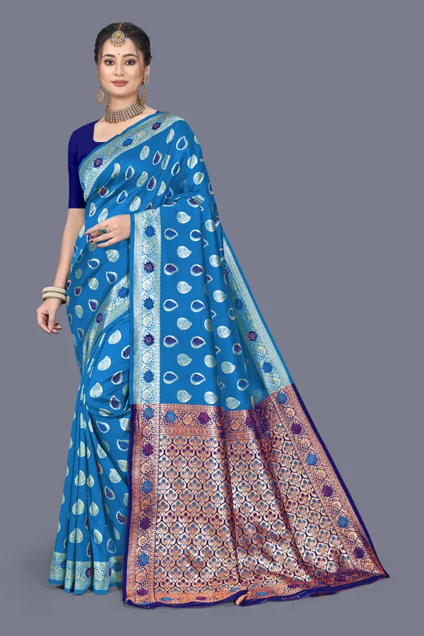 Firozi_Soft_Silk_Banarasi_Sarees_With_Rich_Pallu_Blouse