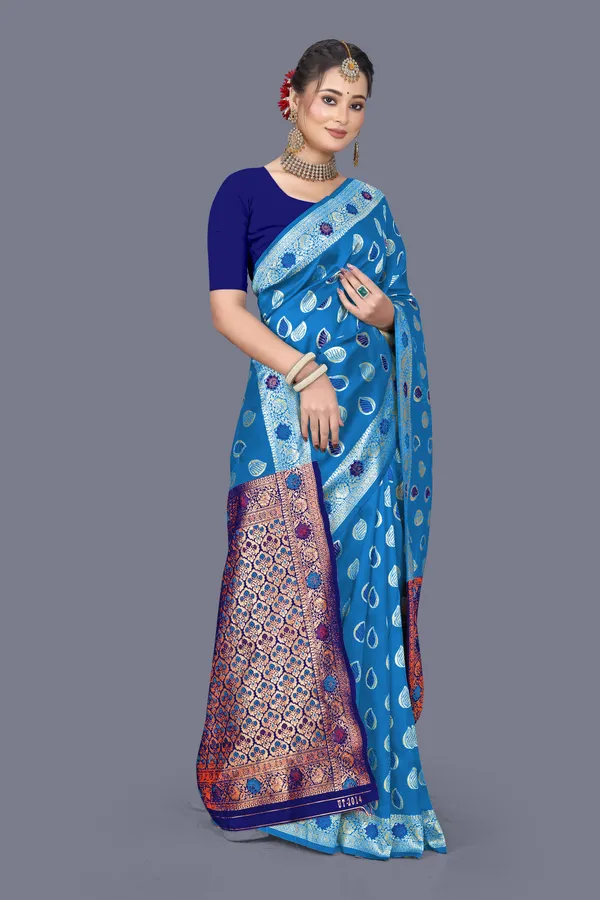 Firozi_Soft_Silk_Banarasi_Sarees_With_Rich_Pallu_Blouse