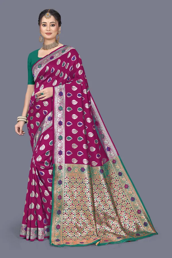 Wine_Soft_Silk_Banarasi_Sarees_With_Rich_Pallu_Blouse