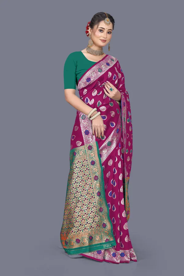 Wine_Soft_Silk_Banarasi_Sarees_With_Rich_Pallu_Blouse