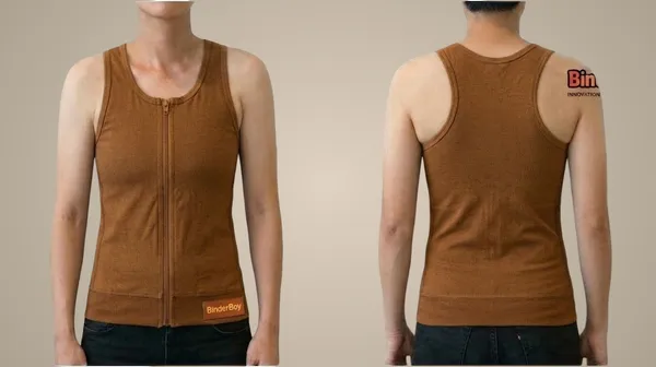 Brown_Elastic_Fabric_Full_Length_Double_Layer_Front_Zip_Chest_Binder_Tank_Top_For_Unisex
