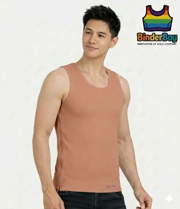 Peach_Elastic_Fabric_Full_Length_Deep_Neck_Side_Zip_Chest_Binder_Tank_Top_For_Unisex