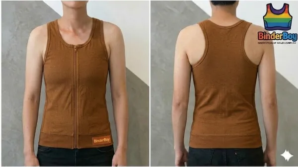 Brown_Elastic_Fabric_Full_Length_Double_Layer_Front_Zip_Chest_Binder_Tank_Top_For_Unisex