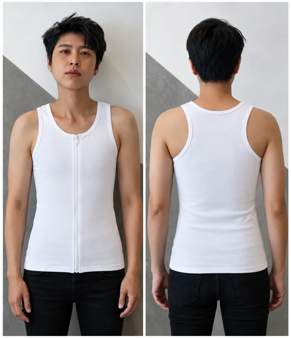 White_Cotton_Blend_Sando_Style_Full_Length_Front_Zip_Compression_Tank_Top_For_Unisex