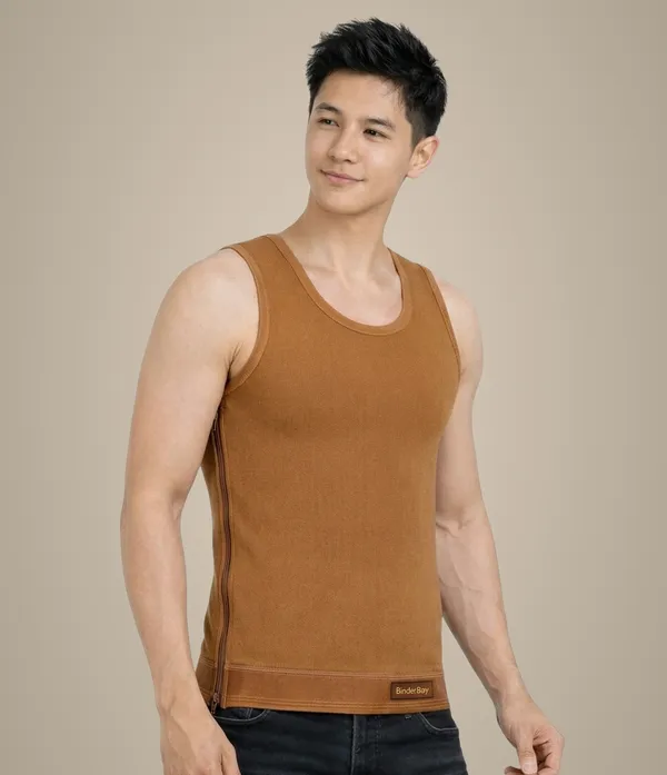 Brown_Elastic_Fabric_Full_Side_Zip_Compression_Tank_Top_For_Men