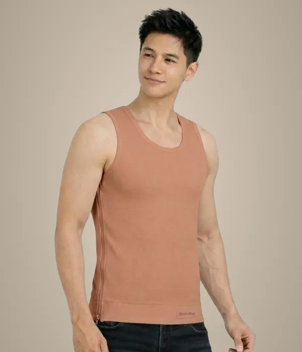 Peach_Elastic_Fabric_Full_Length_Deep_Neck_Side_Zip_Chest_Binder_Tank_Top_For_Unisex