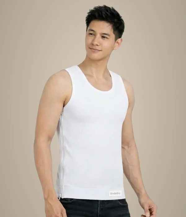 White_Elastic_Fabric_Full_Length_Side_Zip_Chest_Binder_Tank_Top_For_Unisex