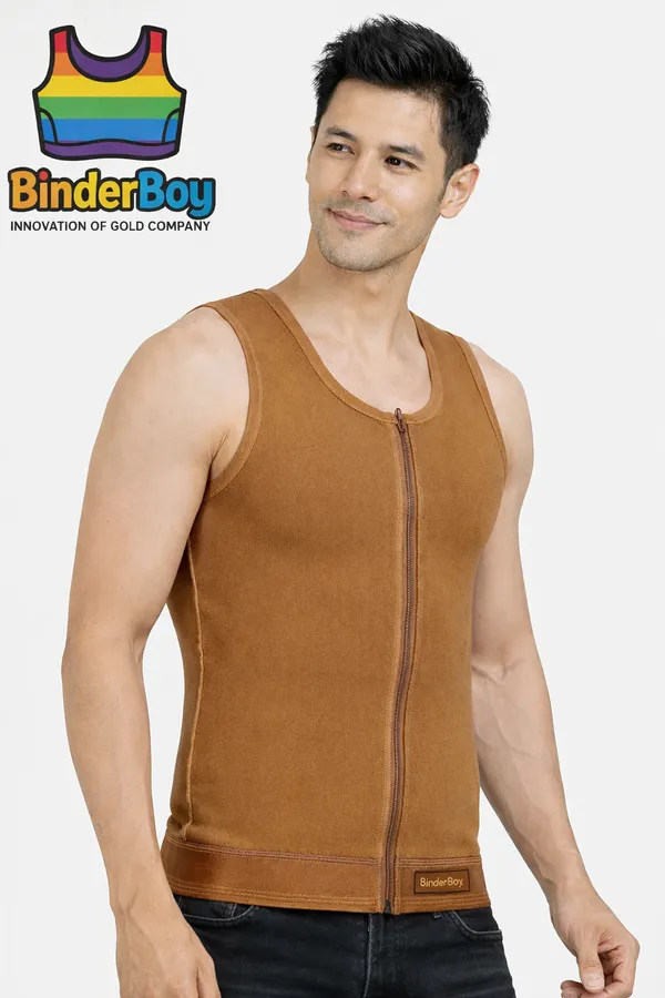 Brown_Elastic_Fabric_Full_Length_Deep_Neck_Front_Zip_Compression_Tank_Top_For_Men