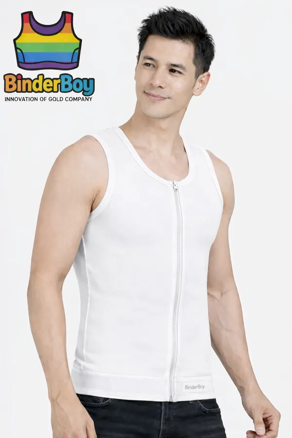 White_Elastic_Fabric_Half_Deep_Neck_Front_Zip_Chest_Binder_For_Unisex