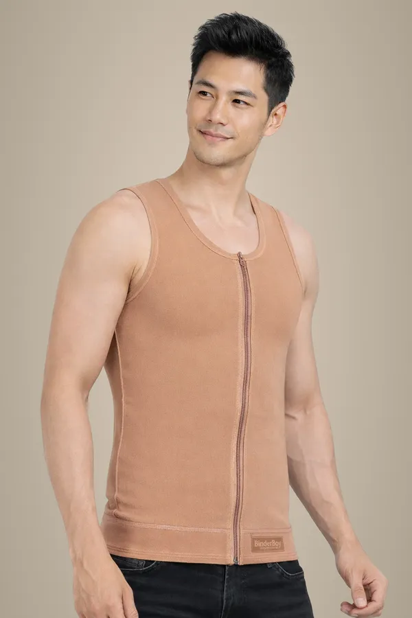 Beige_Elastic_Fabric__Full_Length_Deep_Neck_Front_Zip_Compression_Vest_For_Unisex
