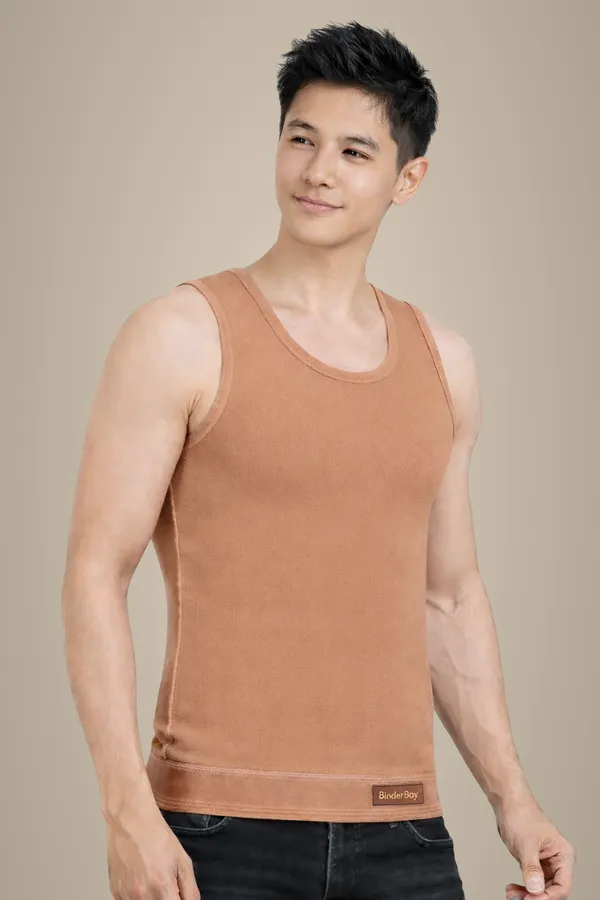 Peach/Tan_Elastic_Fabric_Full_Length_Plain_Compression_Tank_Top_For_Men