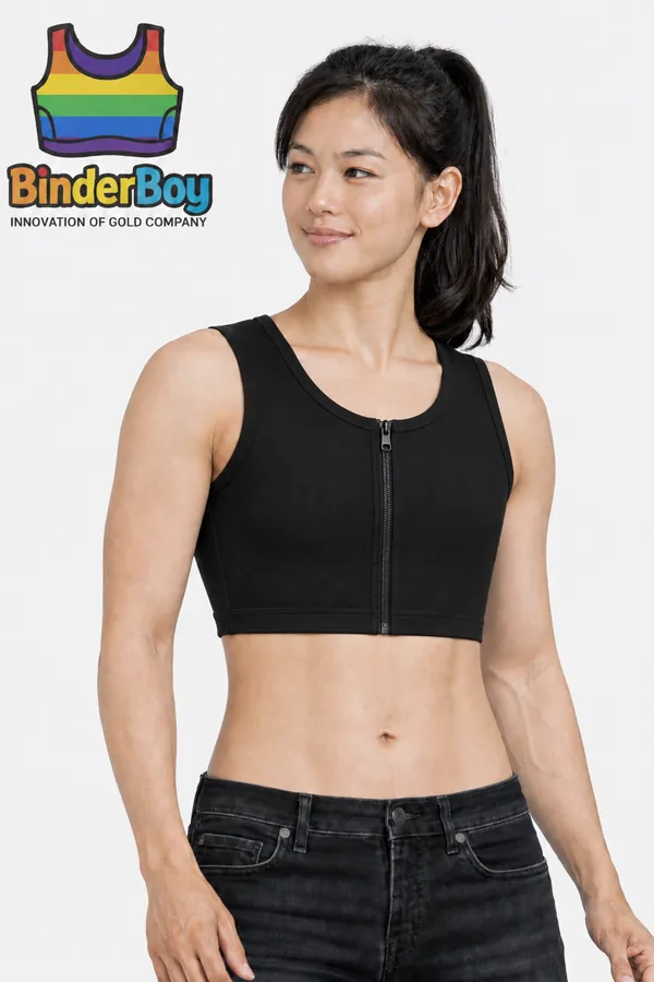 Black_Elastic_Fabric_Deep_Neck_Front_Zip_Crop_Top_Compression_Binder_For_Unisex