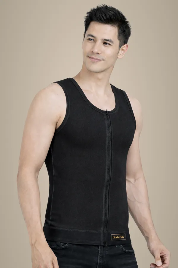Black_Cotton_Blend_Full_Length_Deep_Neck_Front_Zip_Compression_Vest_For_Men
