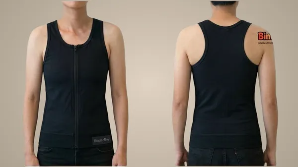 Black_Elastic_Fabric_Full_Length_Double_Layer_Front_Zip_Chest_Binder_Tank_Top_For_Unisex