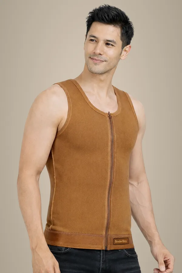 Brown_Elastic_Fabric_Full_Length_Deep_Neck_Front_Zip_Compression_Tank_Top_For_Men