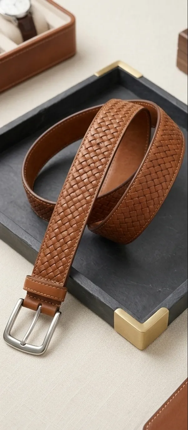 Tan_Braided_Leather_Belt_With_Silver_Buckle_For_Men