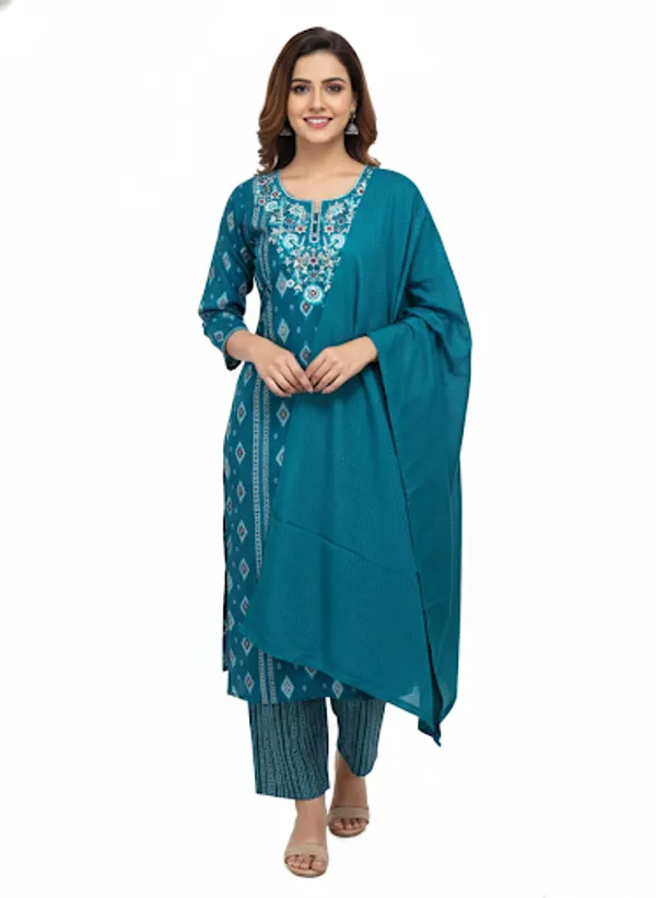 Teal_Blue_Cotton_Kurta_Set_For_Women