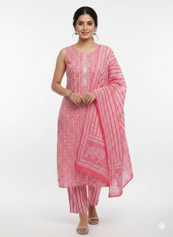 Pink_Cotton_Kurti_Set_With_Pants_For_Women