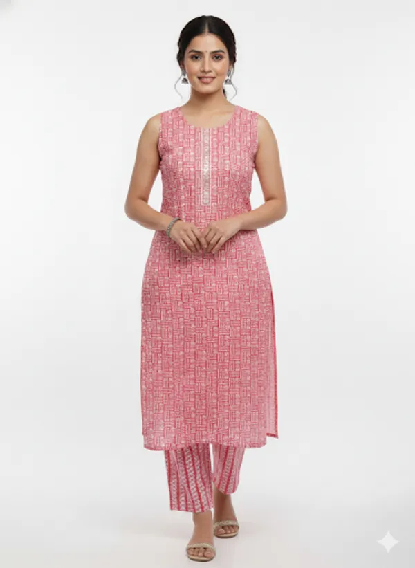Pink_Cotton_Kurti_Set_With_Pants_For_Women