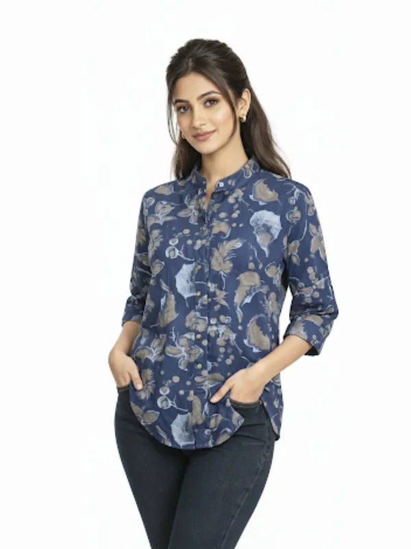 Blue_Floral_Cotton_Blend_Top_For_Women
