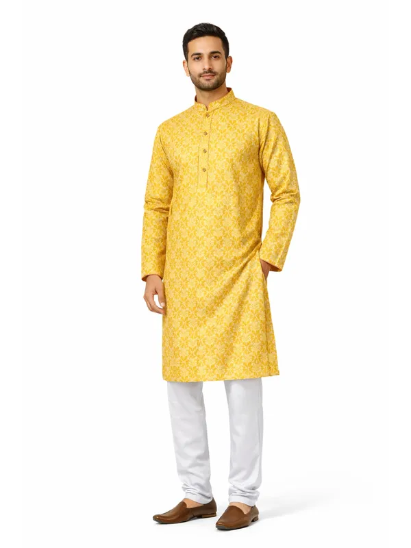 Yellow_Cotton_Blend_Kurta_Pajama_Set_For_Men