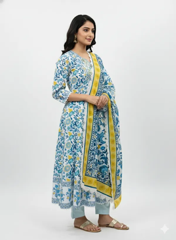 Blue_Floral_Cotton_Rayon_Blend_Anarkali_Set_For_Women