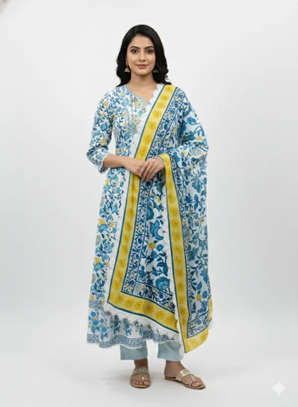 Blue_Floral_Cotton_Rayon_Blend_Anarkali_Set_For_Women