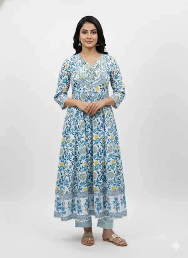 Blue_Floral_Cotton_Rayon_Blend_Anarkali_Set_For_Women
