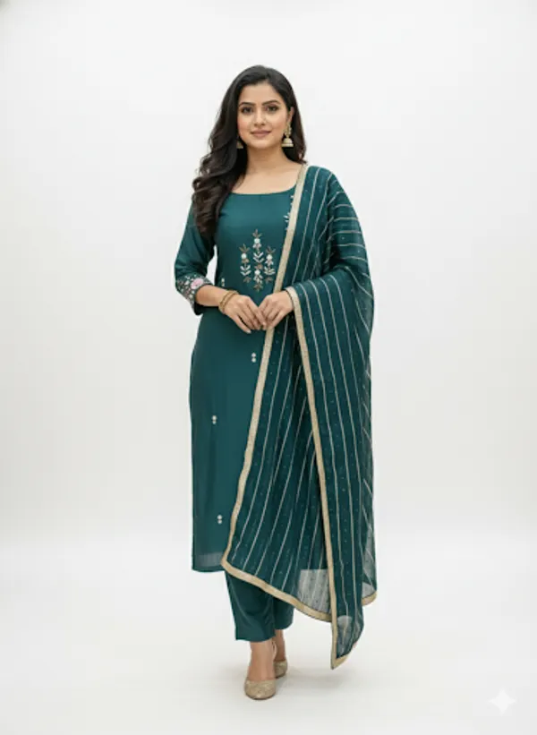 Green_Cotton/Rayon_Blend_Kurta_Set_For_Women