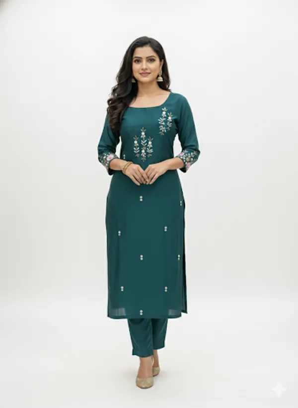 Green_Cotton/Rayon_Blend_Kurta_Set_For_Women