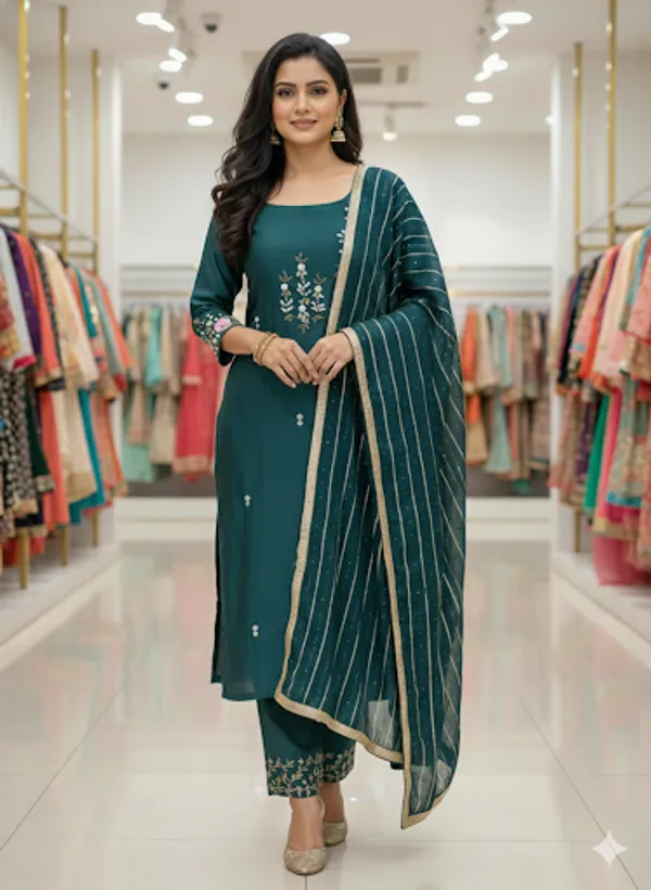 Green_Cotton/Rayon_Blend_Kurta_Set_For_Women
