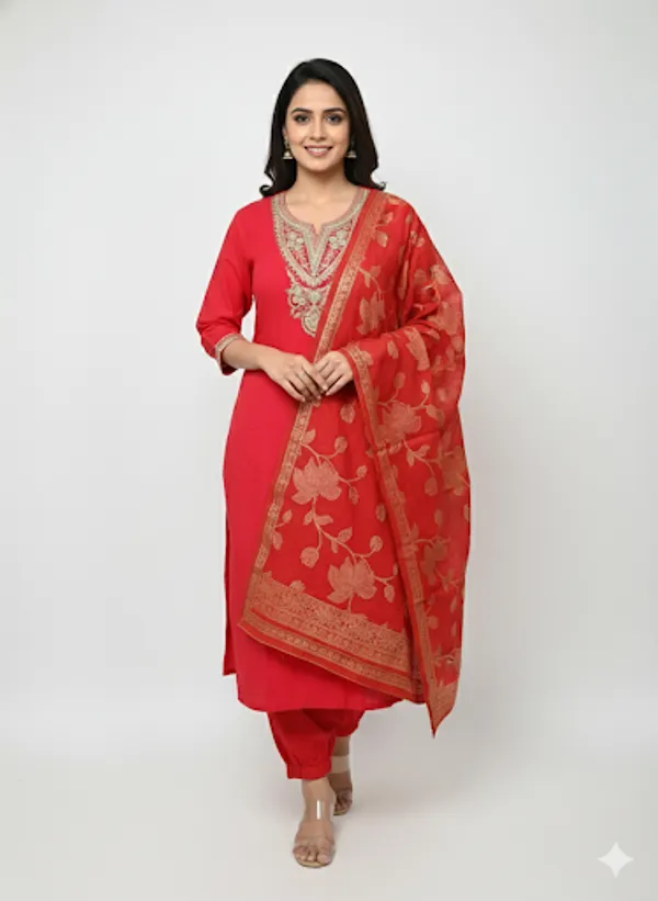 Red_Cotton_Blend_Kurta_Set_For_Women