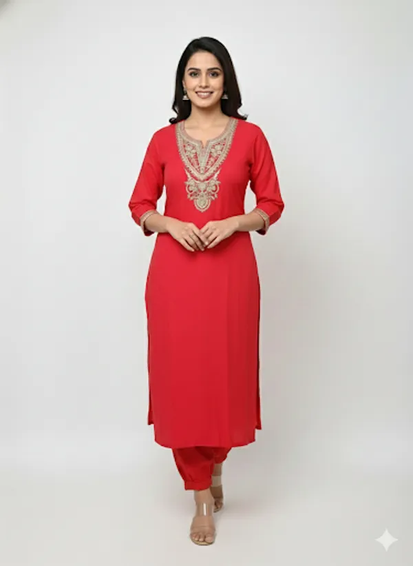 Red_Cotton_Blend_Kurta_Set_For_Women
