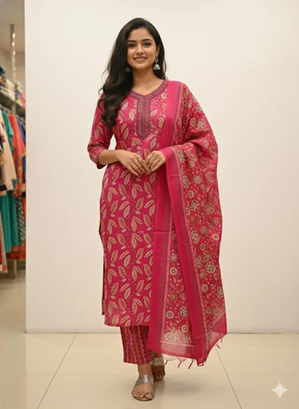 Red_Cotton_Blend_Kurta_Set_For_Women