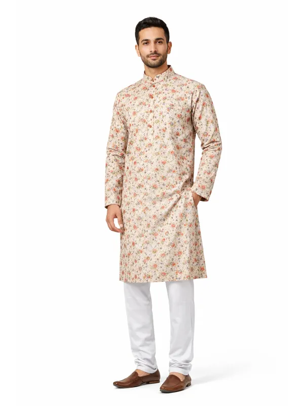 Peach_And_White_Cotton_Blend_Kurta_Pajama_For_Men