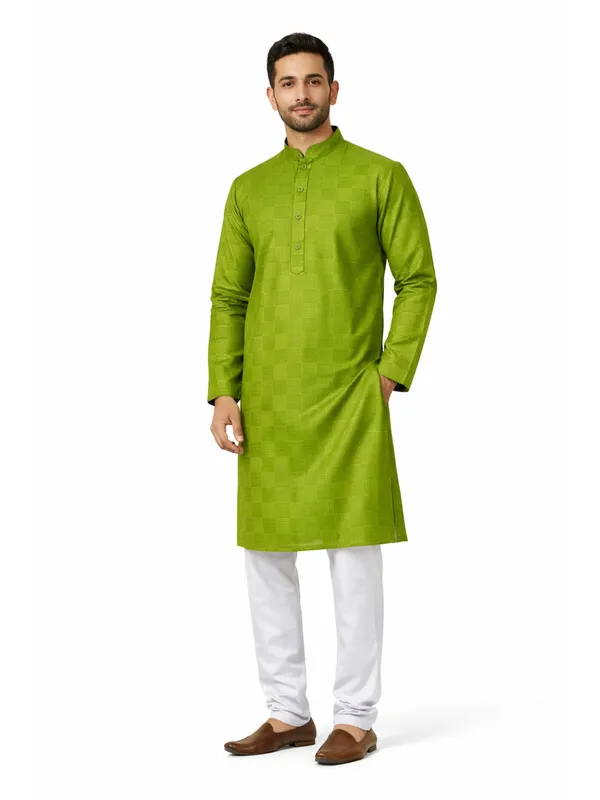 Green_Cotton_Blend_Kurta_Pajama_For_Men