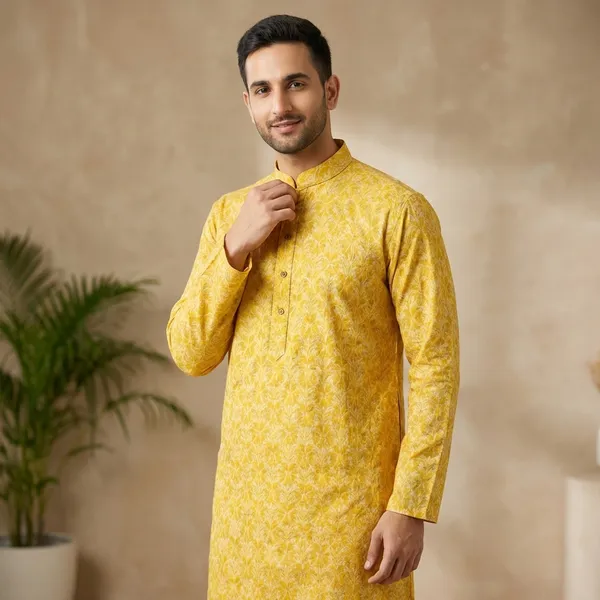 Yellow_Cotton_Blend_Kurta_Pajama_Set_For_Men