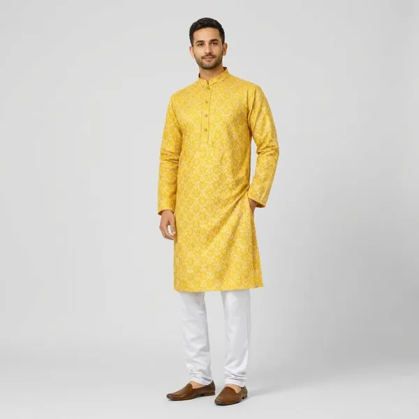 Yellow_Cotton_Blend_Kurta_Pajama_Set_For_Men