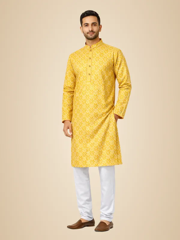 Yellow_Cotton_Blend_Kurta_Pajama_Set_For_Men