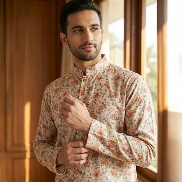 Peach_And_White_Cotton_Blend_Kurta_Pajama_For_Men