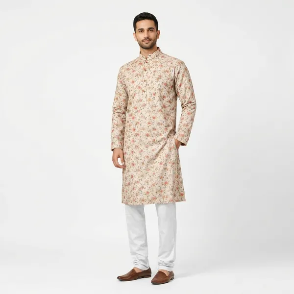Peach_And_White_Cotton_Blend_Kurta_Pajama_For_Men