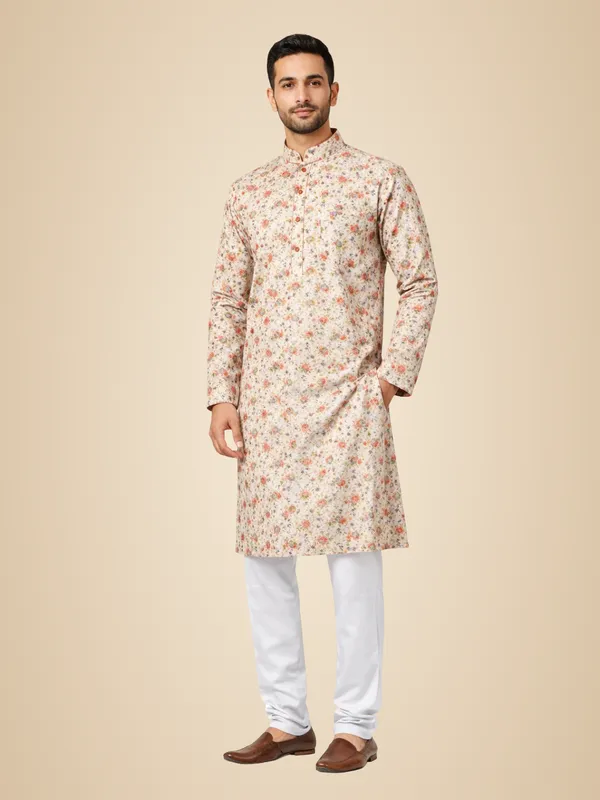 Peach_And_White_Cotton_Blend_Kurta_Pajama_For_Men
